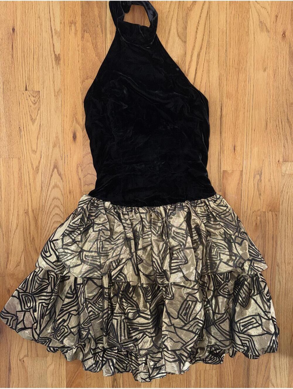Vintage Positively Ellyn 80s Velvet Halter Dress Metallic Skirt - Size 9-10